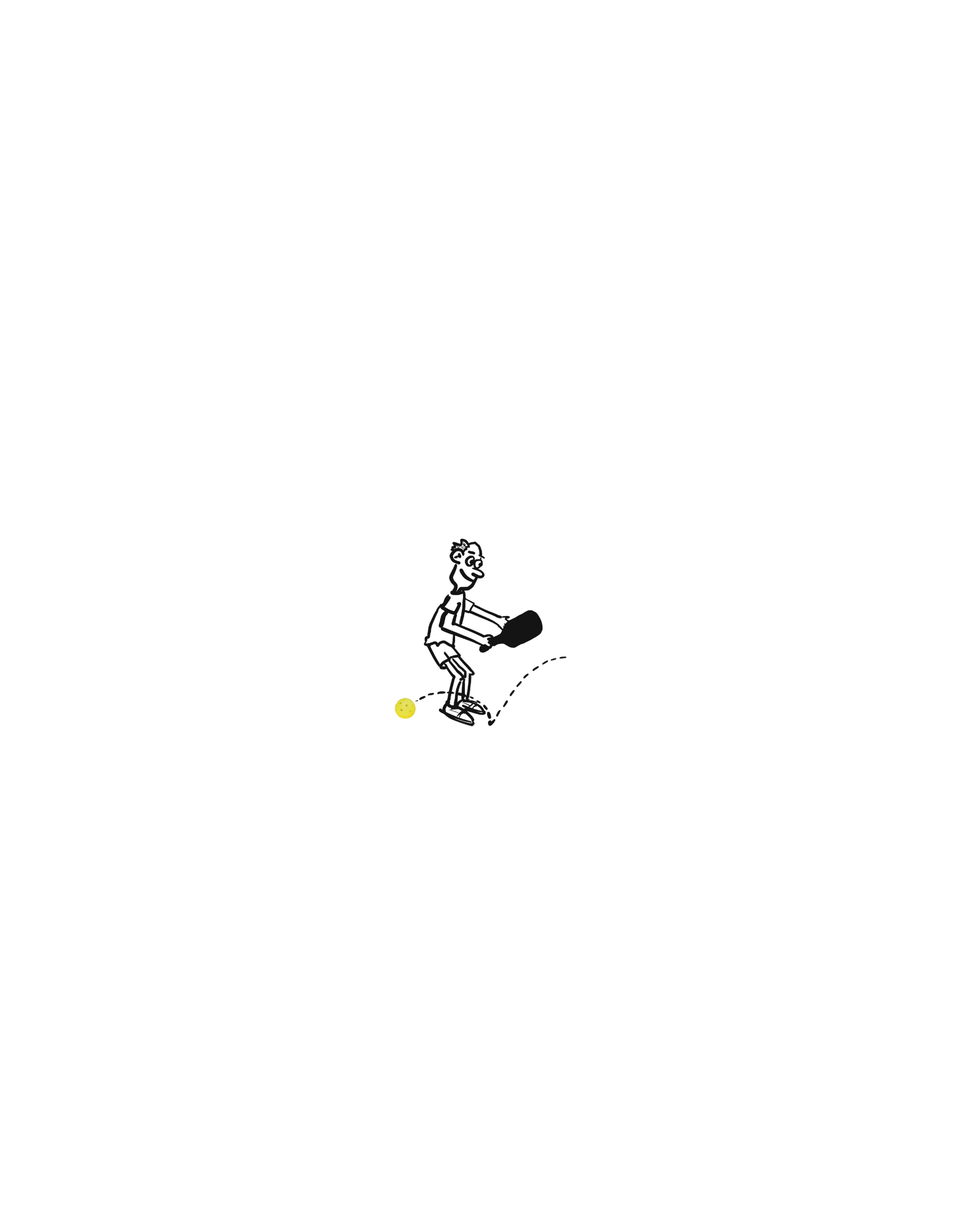 This is a sketched character image of a guy waiting to hit a pickleball, but Oops he missed it again!