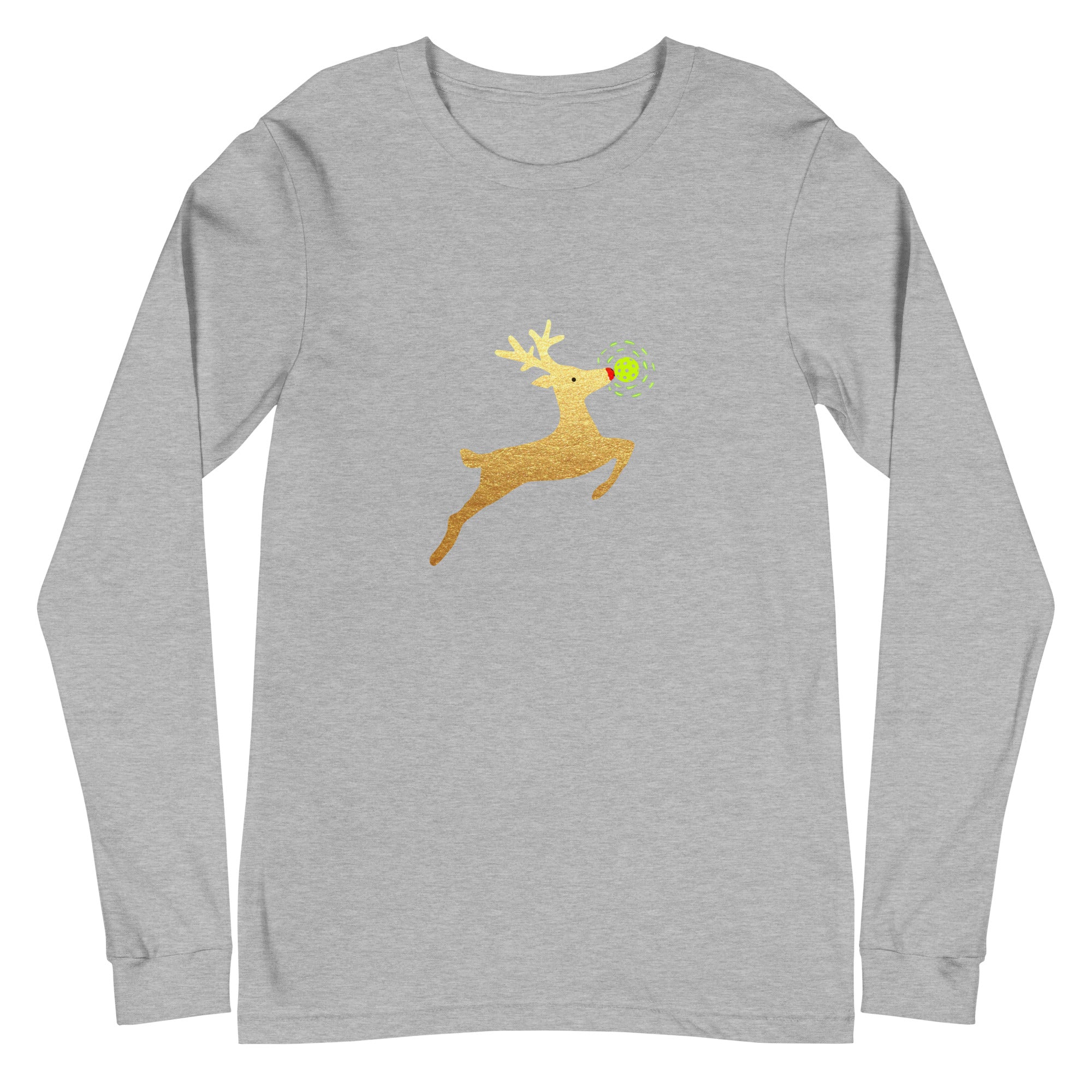 Unisex Pickleball Long Sleeve Tee - Xmas - Gold Reindeer Pickleball Nose