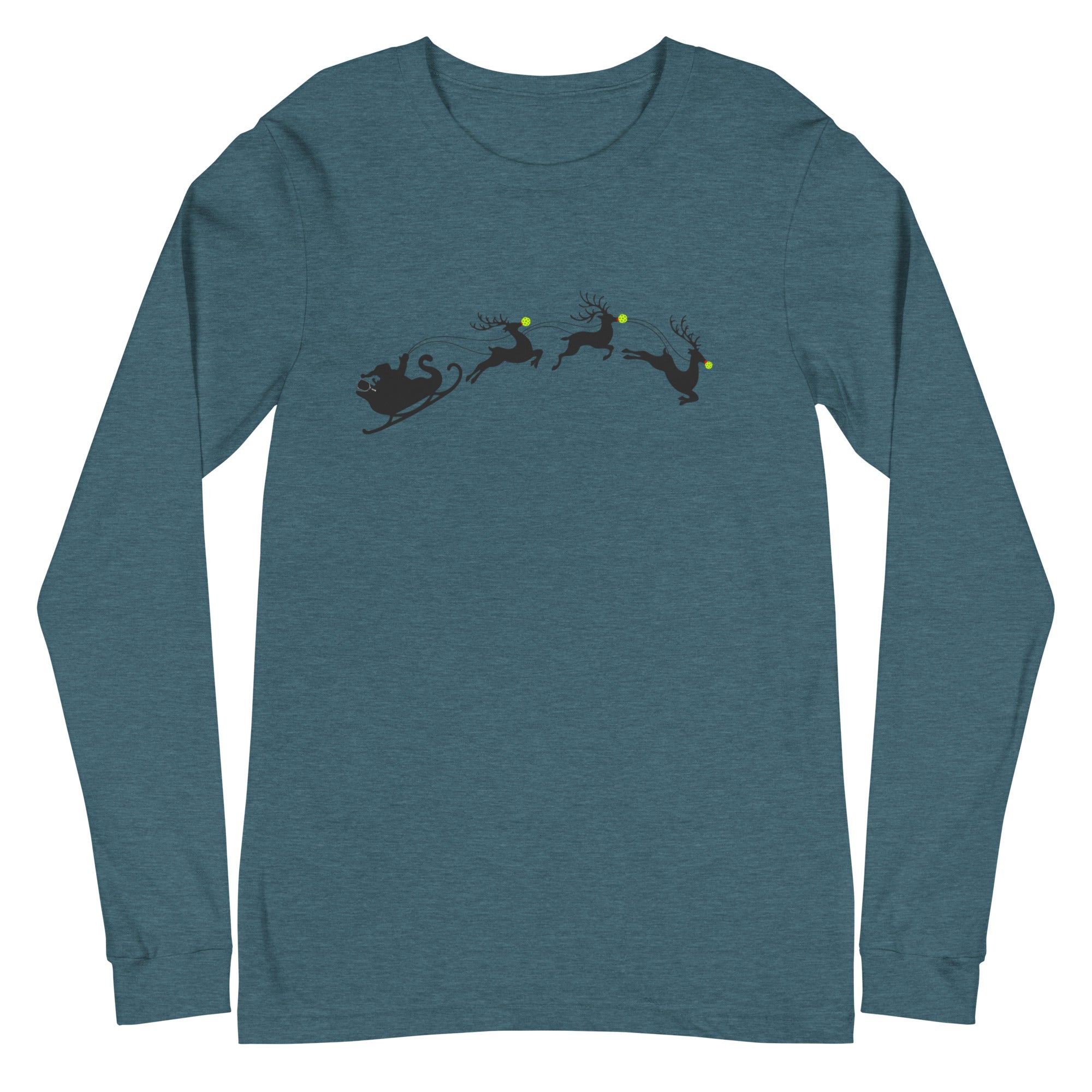 Unisex Pickleball Long Sleeve Tee - Xmas - Santa with Pickleball Nose Reindeers