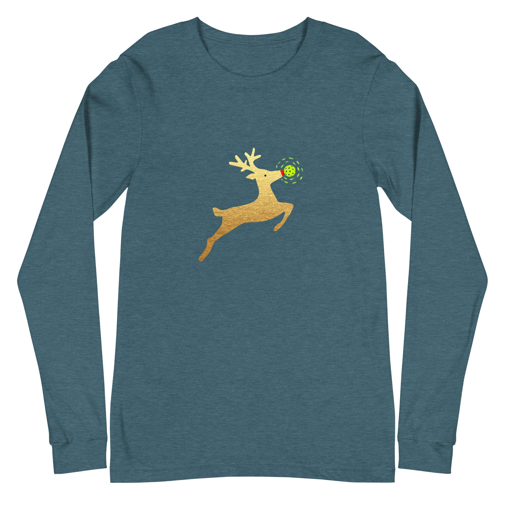 Unisex Pickleball Long Sleeve Tee - Xmas - Gold Reindeer Pickleball Nose