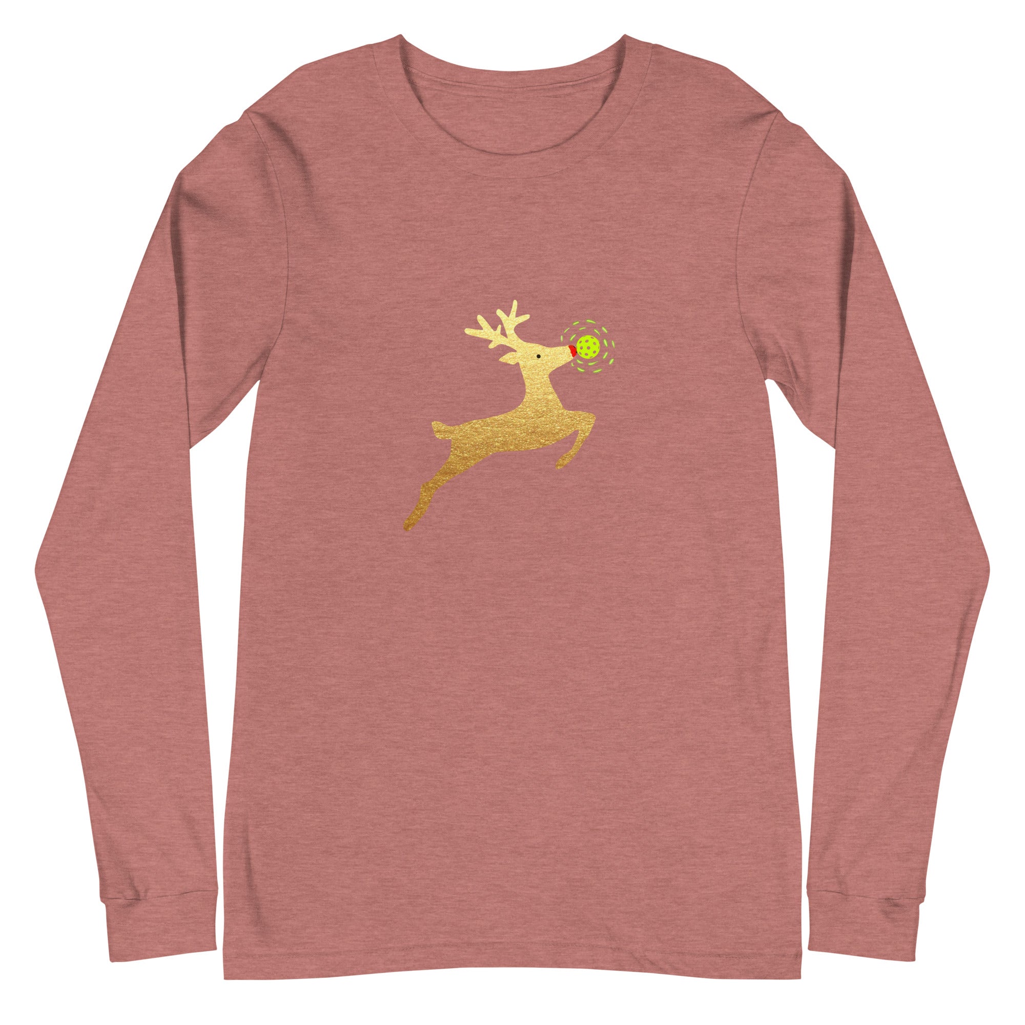 Unisex Pickleball Long Sleeve Tee - Xmas - Gold Reindeer Pickleball Nose