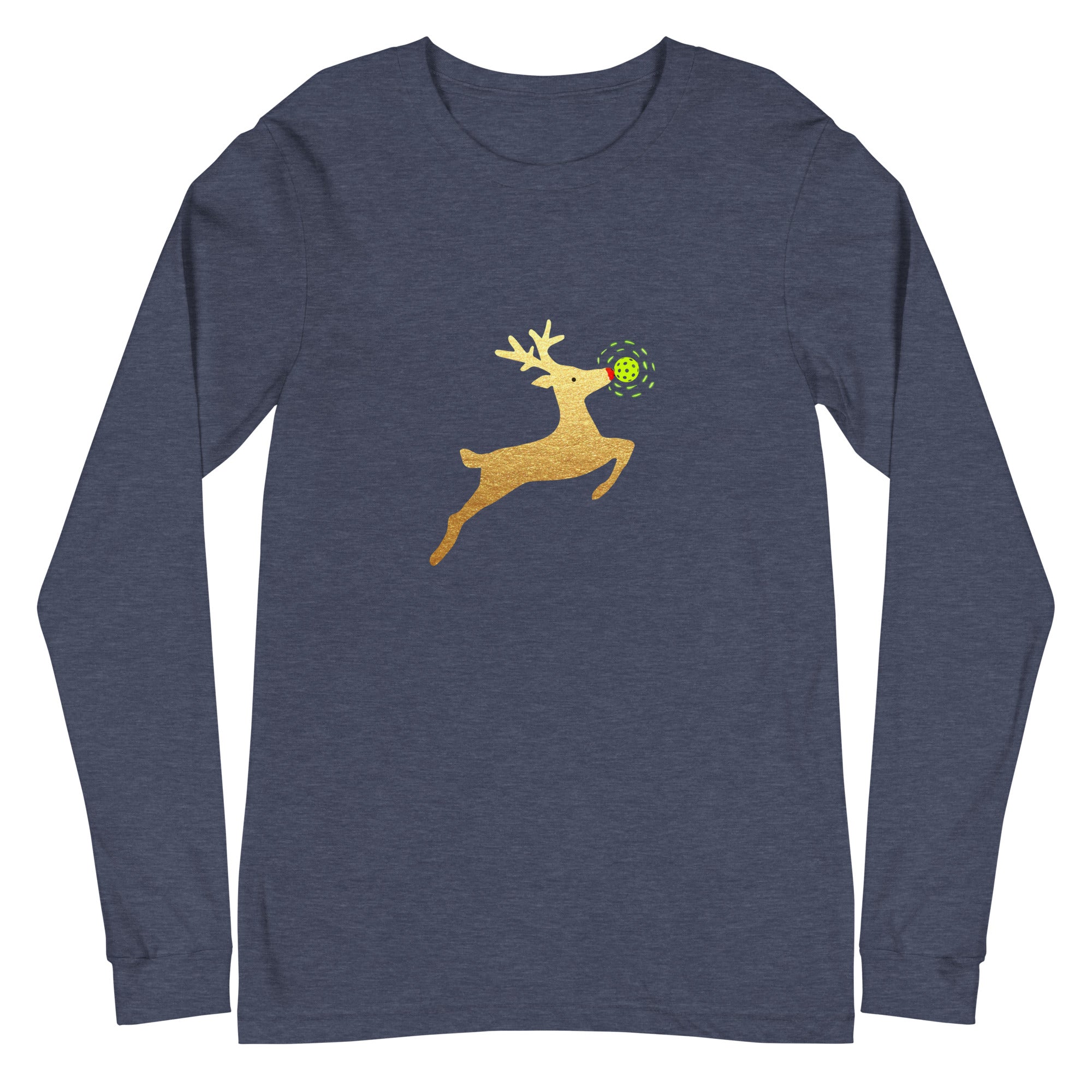 Unisex Pickleball Long Sleeve Tee - Xmas - Gold Reindeer Pickleball Nose