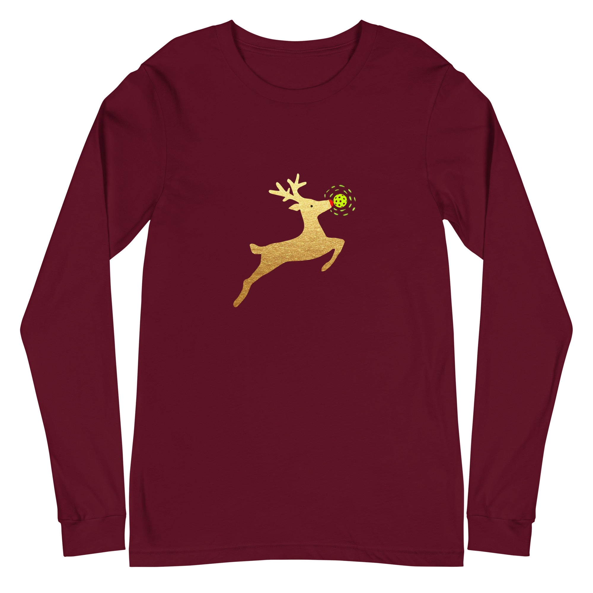 Unisex Pickleball Long Sleeve Tee - Xmas - Gold Reindeer Pickleball Nose