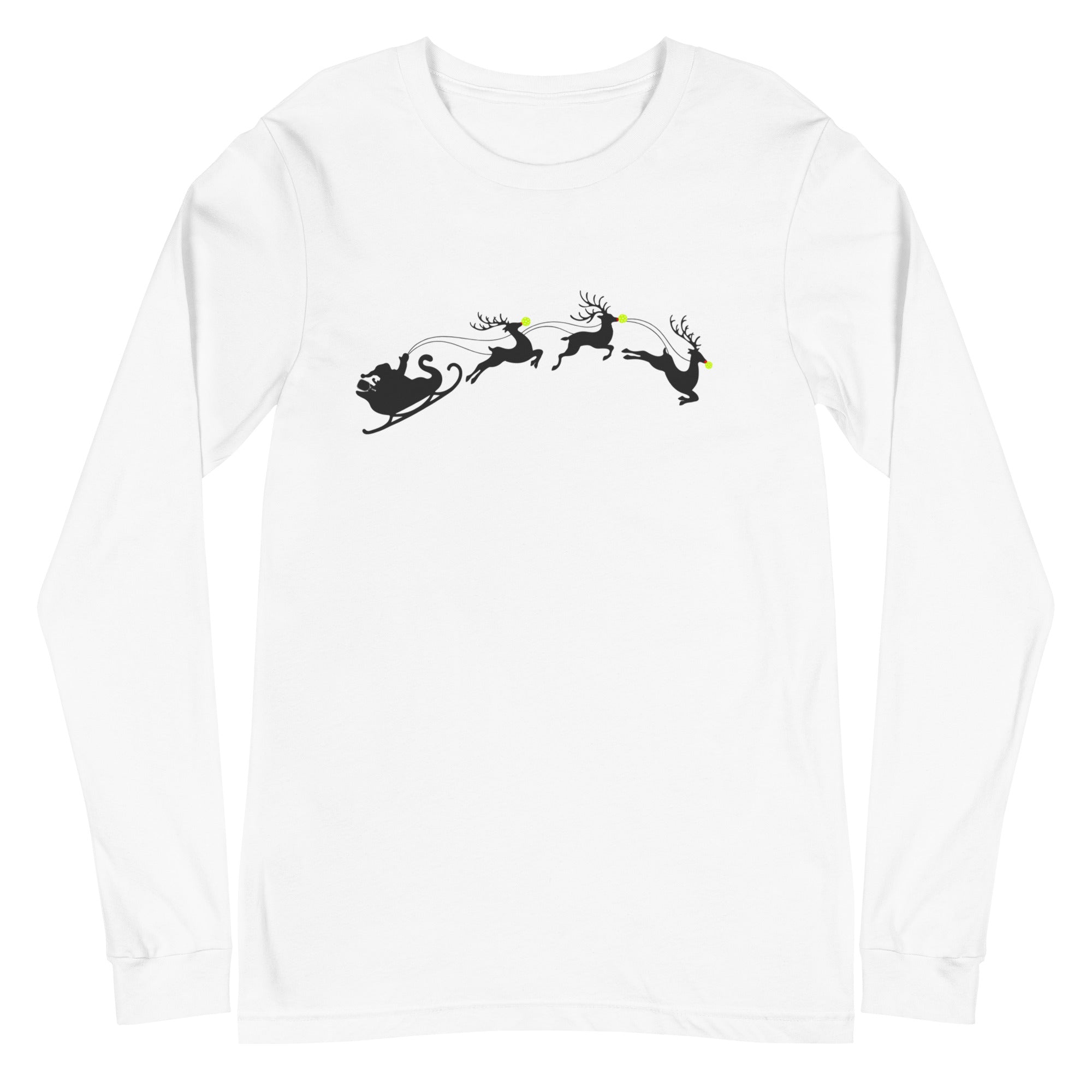 Unisex Pickleball Long Sleeve Tee - Xmas - Santa with Pickleball Nose Reindeers