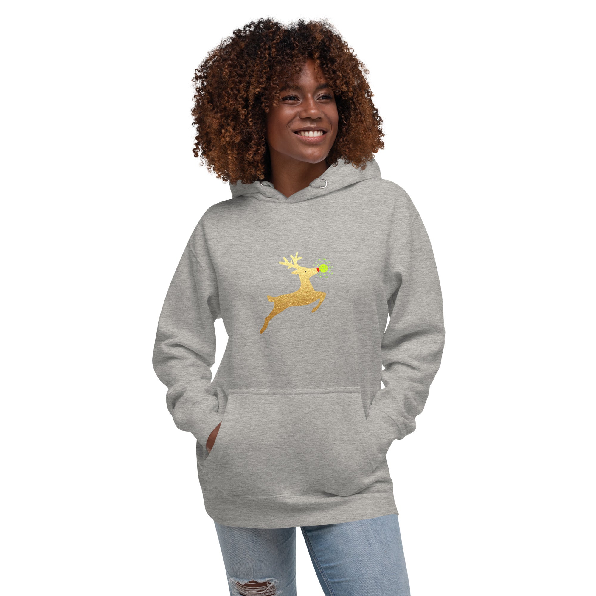 Christmas Pickleball Hoodie, Premium Unisex Hoodie - Xmas - Gold Reindeer Pickleball Nose