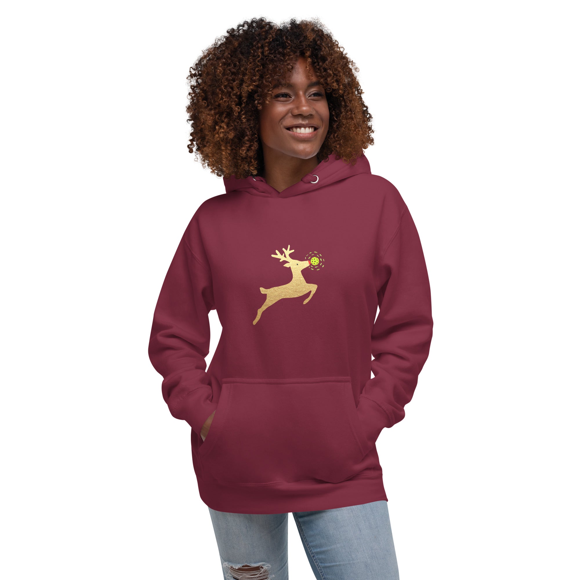 Christmas Pickleball Hoodie, Premium Unisex Hoodie - Xmas - Gold Reindeer Pickleball Nose